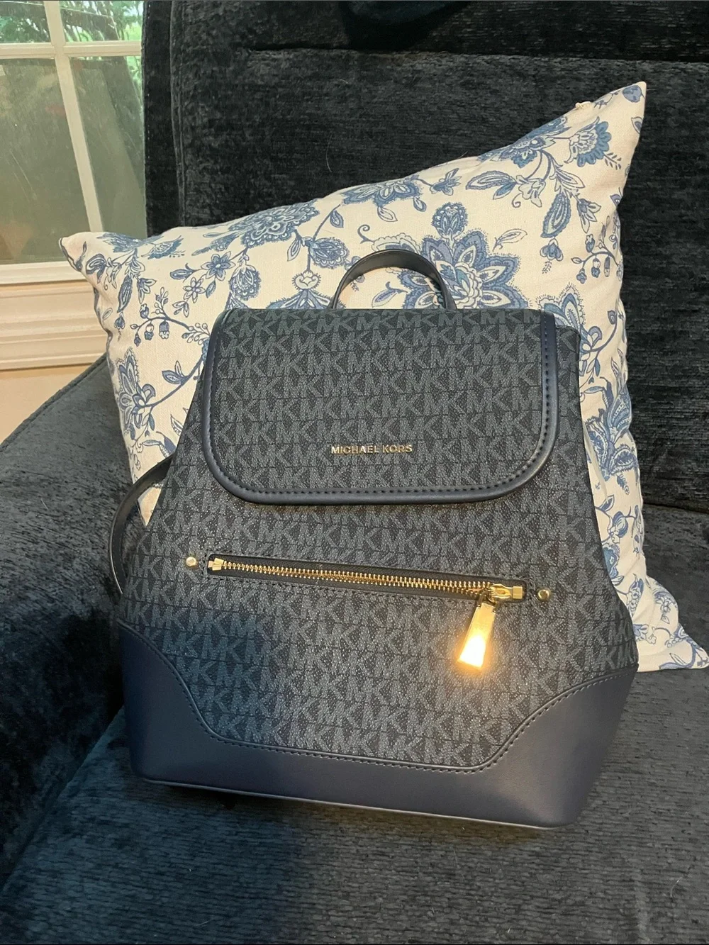 Michael Kors Navy and Gold MK Logo Backpack